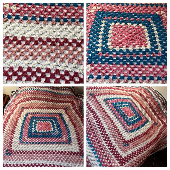 VTG Handmade Crochet Granny Square Afghan Blanket Pink Blue White Cozy Home - Picture 3 of 16